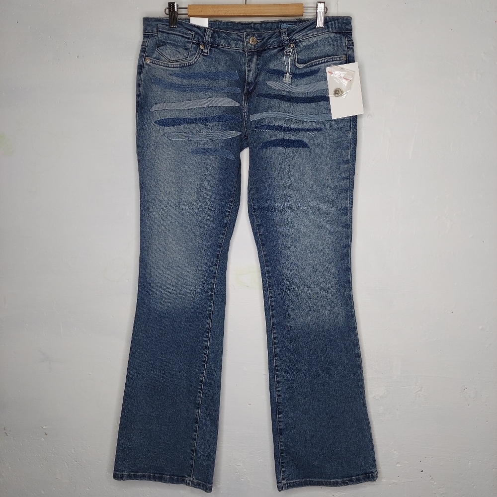 Azzure Denim Jeans Y2K Bootcut 33‎ Stretch Perfect Fit Distress Patchwork Blue